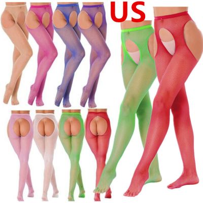 US Womens See Through Stretchy Crotchless Pantyhose Fishnet Hollow Out Tights